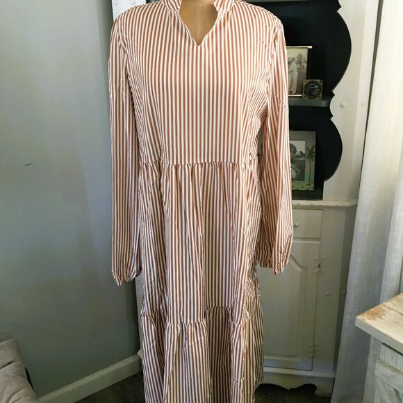 Women's Midi Dress Size XL Light brown & White Stripe Fall Dress NWOT - Picture 2 of 8